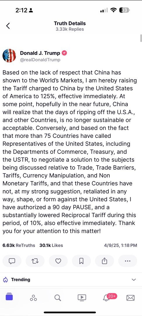 Trump's post on Truth Social announcing the 90 day tariff pause and the hike of China's tariffs.