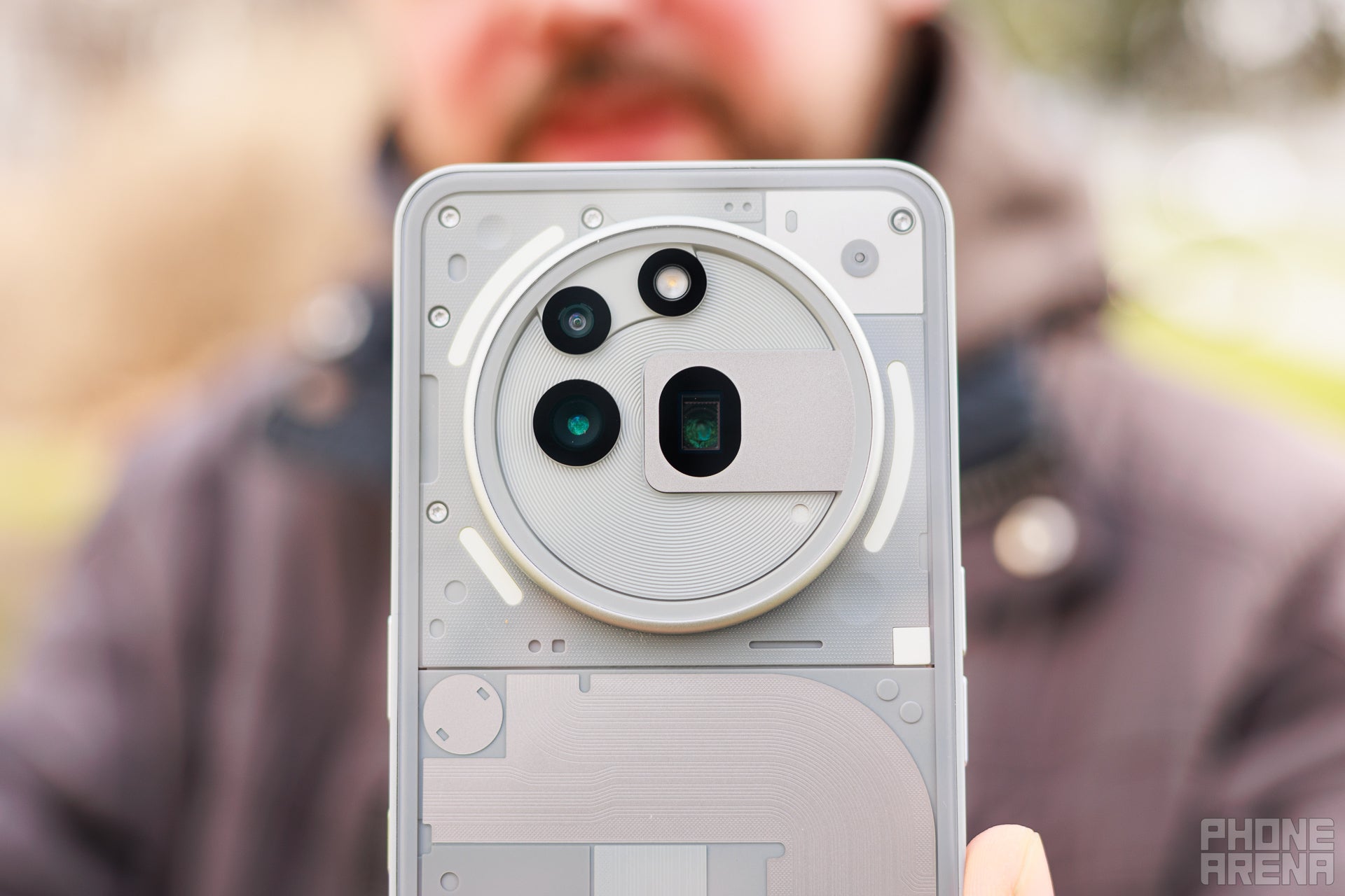 Closeup of the LED Glyph of the Nothing Phone (3a) Pro, lights are on